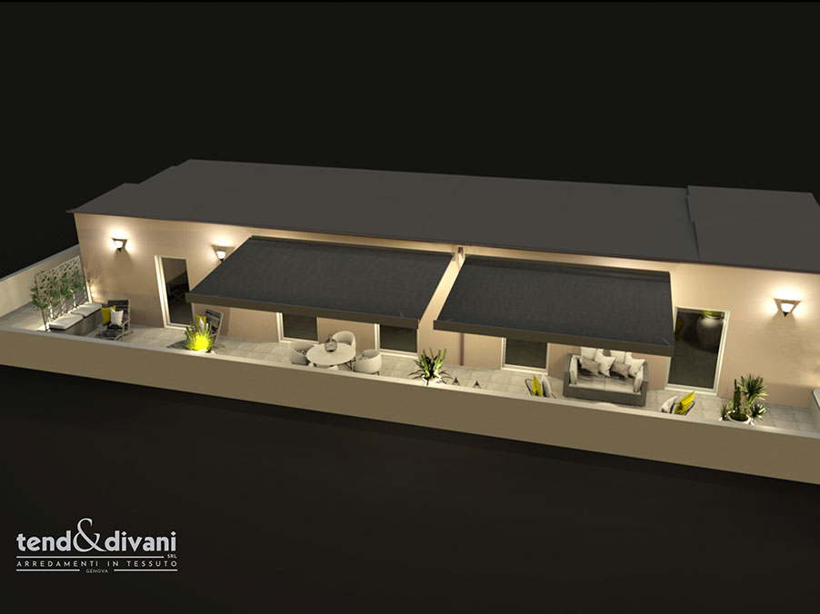 Render di progetto spazio esterno con tenda a bracci
