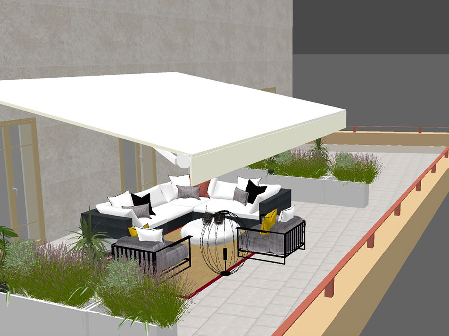 Render di progetto spazio esterno con tenda a bracci