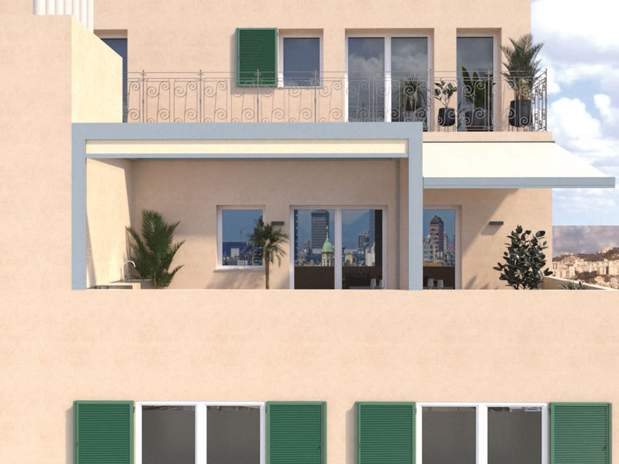 Render di progetto spazio esterno con pergotenda