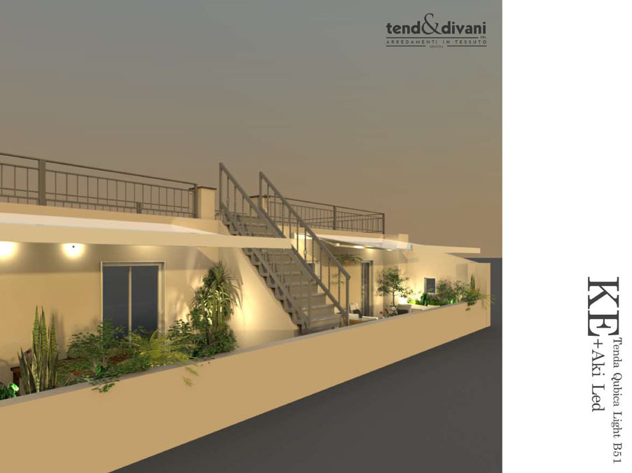Render di progetto spazio esterno con tende a bracci